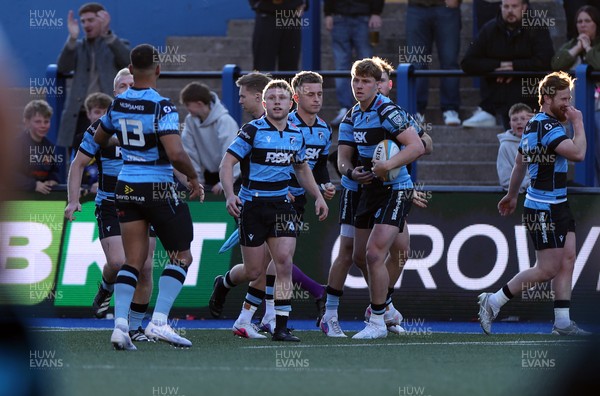 150526 - Cardiff Rugby v DHL Stormers - United Rugby Championship - Jacob Beetham of Cardiff celebrates scoring a try with team mates
