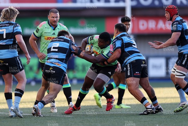 150526 - Cardiff Rugby v DHL Stormers - United Rugby Championship - Ntuthuko Mchunu of Stormers is tackled by Liam Belcher and Javan Sebastian of Cardiff 