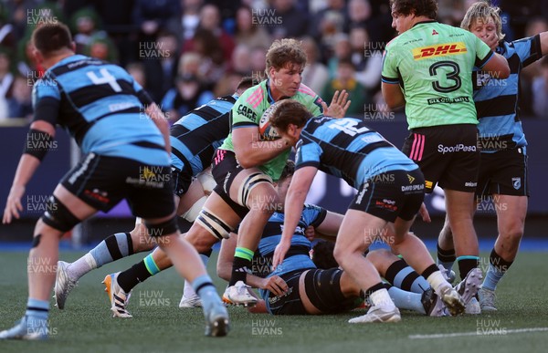 150526 - Cardiff Rugby v DHL Stormers - United Rugby Championship - Evan Roos of Stormers is tackled by Rory Jennings of Cardiff 