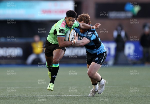 150526 - Cardiff Rugby v DHL Stormers - United Rugby Championship - Sacha Feinberg-Mngomezulu of Stormers gets past Rory Jennings of Cardiff 