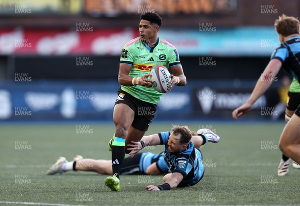 150526 - Cardiff Rugby v DHL Stormers - United Rugby Championship - Sacha Feinberg-Mngomezulu of Stormers gets past Rory Jennings of Cardiff 