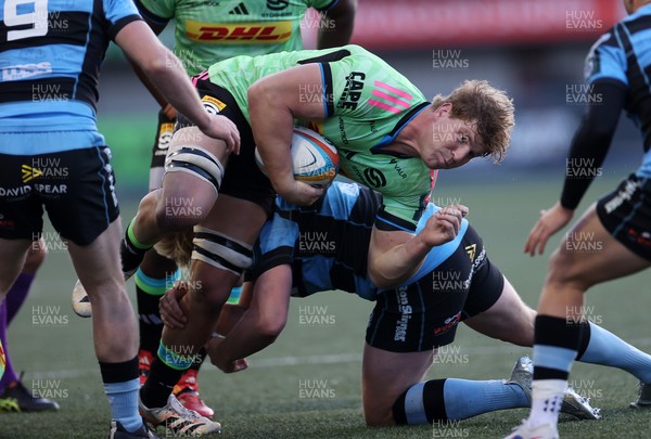 150526 - Cardiff Rugby v DHL Stormers - United Rugby Championship - Evan Roos of Stormers is tackled by Dan Thomas of Cardiff 