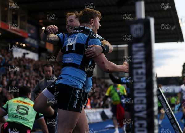 150526 - Cardiff Rugby v DHL Stormers - United Rugby Championship - Jacob Beetham of Cardiff celebrates scoring a try with team mates