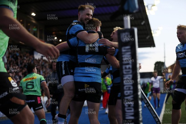 150526 - Cardiff Rugby v DHL Stormers - United Rugby Championship - Jacob Beetham of Cardiff celebrates scoring a try with team mates