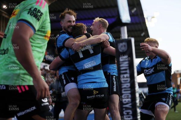 150526 - Cardiff Rugby v DHL Stormers - United Rugby Championship - Jacob Beetham of Cardiff celebrates scoring a try with team mates