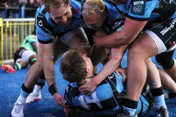150526 - Cardiff Rugby v DHL Stormers - United Rugby Championship - Jacob Beetham of Cardiff celebrates scoring a try with team mates