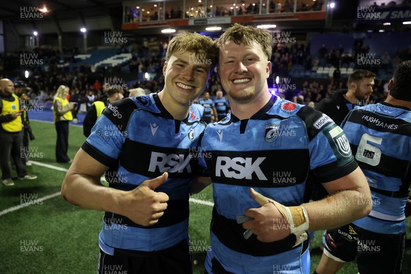 150526 - Cardiff Rugby v DHL Stormers - United Rugby Championship - Jacob Beetham and Evan Lloyd of Cardiff at full time