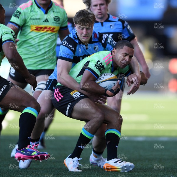 150526 - Cardiff Rugby v DHL Stormers - United Rugby Championship - Suleiman Hartzenberg of Stormers is challenged by Jacob Beetham of Cardiff Rugby