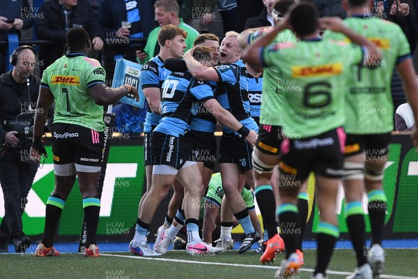150526 - Cardiff Rugby v DHL Stormers - United Rugby Championship - Ioan Lloyd of Cardiff Rugby celebrates scoring a try with team mates