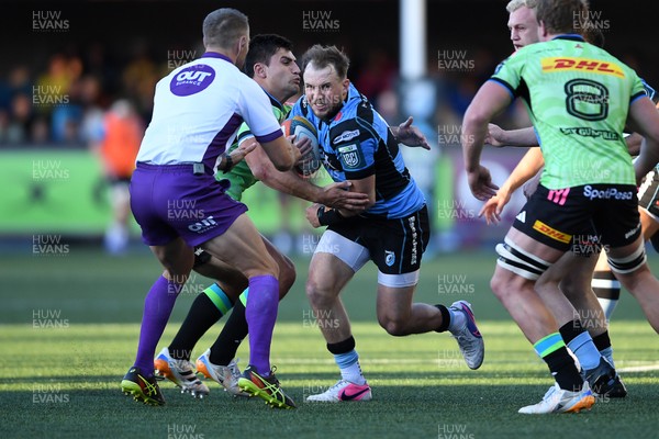 150526 - Cardiff Rugby v DHL Stormers - United Rugby Championship - Ioan Lloyd of Cardiff Rugby is challenged by Sacha Feinberg-Mngomezulu of Stormers
