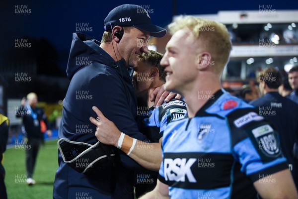 150526 - Cardiff Rugby v DHL Stormers - United Rugby Championship - Cardiff head coach, Corniel Van Zyl and Leigh Halfpenny of Cardiff Rugby at full time