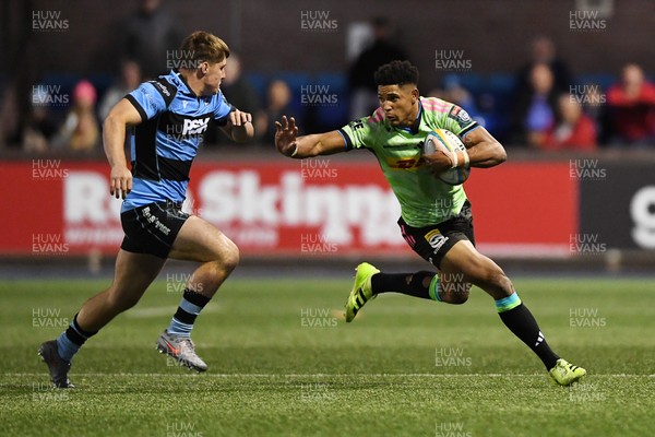 150526 - Cardiff Rugby v DHL Stormers - United Rugby Championship - Sacha Feinberg-Mngomezulu of Stormers is challenged by James Botham of Cardiff Rugby