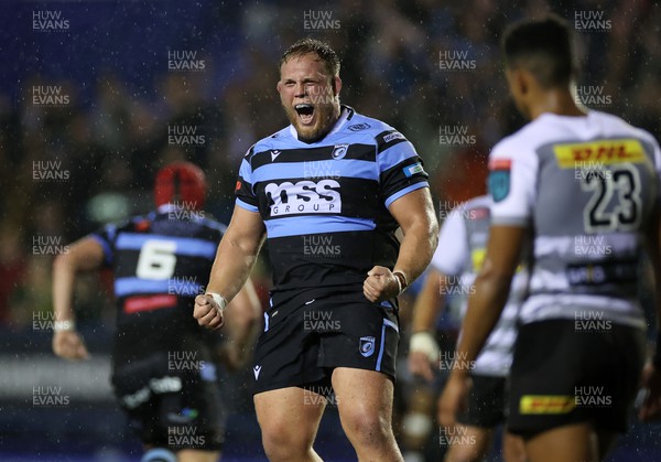 221022 - Cardiff Rugby v DHL Stormers - BKT United Rugby Championship - Corey Domachowski of Cardiff celebrates at full time