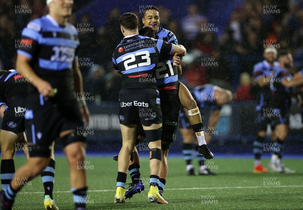 221022 - Cardiff Rugby v DHL Stormers - BKT United Rugby Championship - Theo Cabango of Cardiff celebrates at full time
