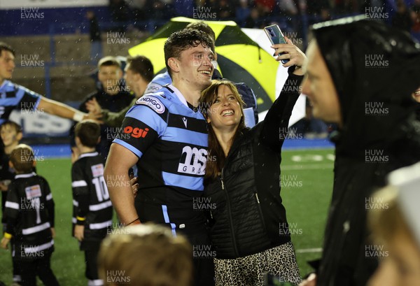 221022 - Cardiff Rugby v DHL Stormers - BKT United Rugby Championship - Gwilym Bradley of Cardiff with fans at full time