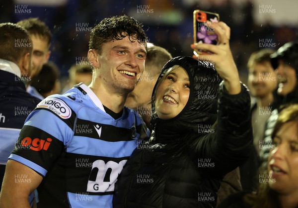 221022 - Cardiff Rugby v DHL Stormers - BKT United Rugby Championship - Gwilym Bradley of Cardiff with fans at full time