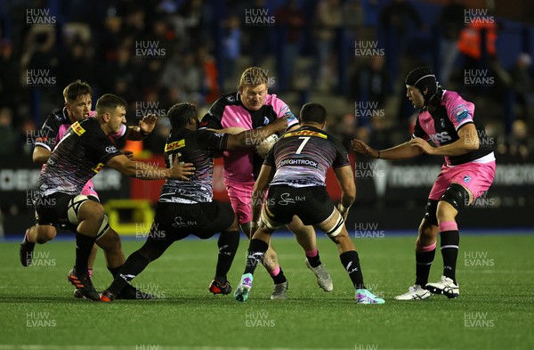 241123 - Cardiff Rugby v DHL Stormers - United Rugby Championship - Rhys Carre of Cardiff is tackled by Scarra Ntubeni of Stormers 