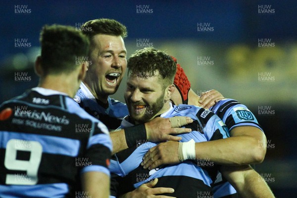 151022 - Cardiff Rugby v Dragons RFC - United Rugby Championship - Thomas Young of Cardiff celebrates his try