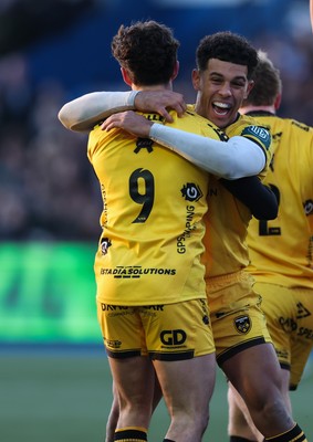 261225 - Cardiff Rugby v Dragons RFC, United Rugby Championship - Che Hope of Dragons RFC celebrates with Rio Dyer of Dragons RFC after scoring the second try