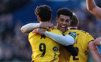 261225 - Cardiff Rugby v Dragons RFC, United Rugby Championship - Che Hope of Dragons RFC celebrates with Rio Dyer of Dragons RFC after scoring the second try