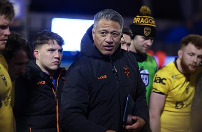 261225 - Cardiff Rugby v Dragons RFC, United Rugby Championship - Cardiff Rugby head coach Corniel van Zyl speaks to the players at the end of the match