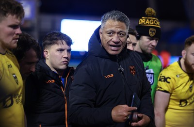 261225 - Cardiff Rugby v Dragons RFC, United Rugby Championship - Cardiff Rugby head coach Corniel van Zyl speaks to the players at the end of the match