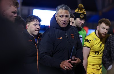 261225 - Cardiff Rugby v Dragons RFC, United Rugby Championship - Cardiff Rugby head coach Corniel van Zyl speaks to the players at the end of the match