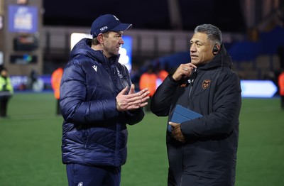 261225 - Cardiff Rugby v Dragons RFC, United Rugby Championship - Cardiff Rugby head coach Corniel van Zyl, left with Dragons Head Coach Filo Tiatia