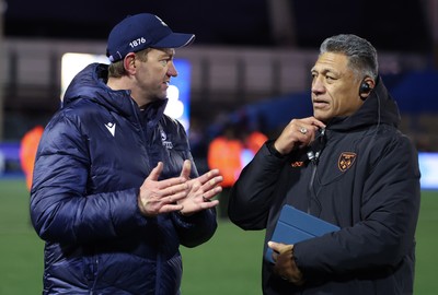 261225 - Cardiff Rugby v Dragons RFC, United Rugby Championship - Cardiff Rugby head coach Corniel van Zyl, left with Dragons Head Coach Filo Tiatia