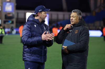 261225 - Cardiff Rugby v Dragons RFC, United Rugby Championship - Cardiff Rugby head coach Corniel van Zyl, left with Dragons Head Coach Filo Tiatia