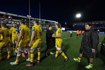 261225 - Cardiff Rugby v Dragons RFC, United Rugby Championship - The teams congratulate each other at the end of the match