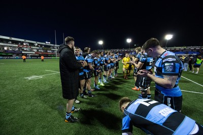 261225 - Cardiff Rugby v Dragons RFC, United Rugby Championship - The teams congratulate each other at the end of the match