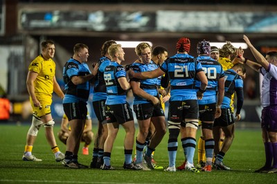 261225 - Cardiff Rugby v Dragons RFC - United Rugby Championship -  Dan Thomas of Cardiff Rugby is congratulated after winning the final turnover