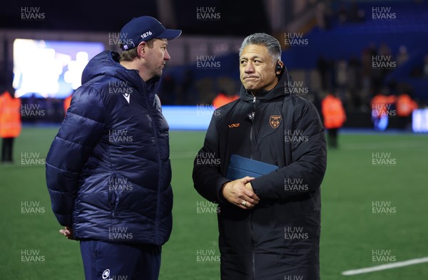 261225 - Cardiff Rugby v Dragons RFC, United Rugby Championship - Cardiff Rugby head coach Corniel van Zyl, left with Dragons Head Coach Filo Tiatia