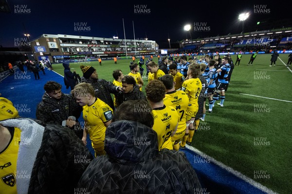 261225 - Cardiff Rugby v Dragons RFC, United Rugby Championship - The teams congratulate each other at the end of the match