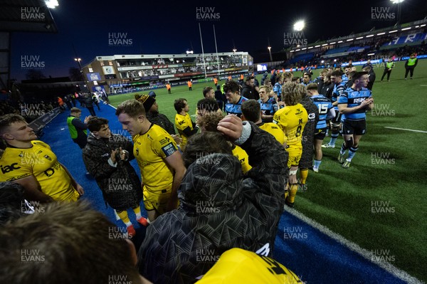 261225 - Cardiff Rugby v Dragons RFC, United Rugby Championship - The teams congratulate each other at the end of the match