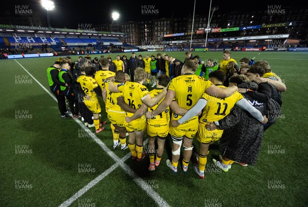 261225 - Cardiff Rugby v Dragons RFC, United Rugby Championship - The Dragons team huddle up at the end of the match 