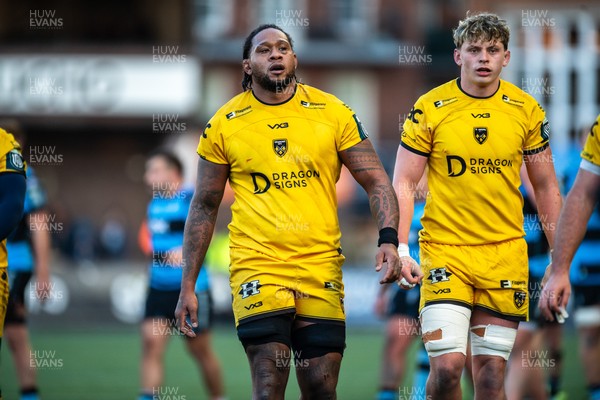 261225 - Cardiff Rugby v Dragons RFC - United Rugby Championship - Levi Douglas of Dragons and Ryan Woodman of Dragons