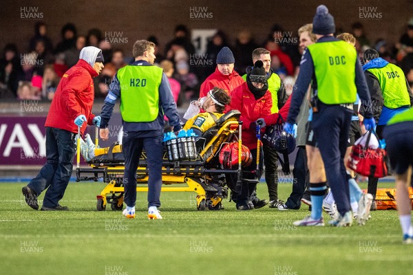 261225 - Cardiff Rugby v Dragons RFC - United Rugby Championship - Robert Hunt of Dragons is taken from the field injured