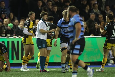 301124 - Cardiff Rugby v Dragons RFC - United Rugby Championship - Josh McNally of Cardiff is given a yellow card by Referee Ben Whitehouse 