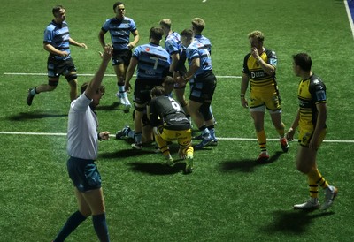 301124 - Cardiff Rugby v Dragons RFC - United Rugby Championship - Callum Sheedy of Cardiff scores a try