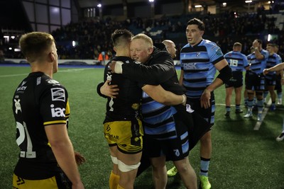 301124 - Cardiff Rugby v Dragons RFC - United Rugby Championship - Keiron Assiratti of Cardiff and Taine Basham of Dragons at full time