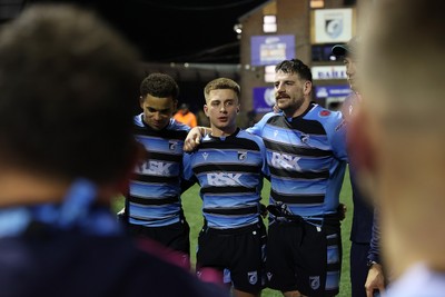 301124 - Cardiff Rugby v Dragons RFC - United Rugby Championship - Cameron Winnett of Cardiff in the team huddle