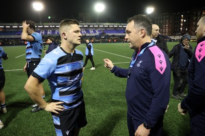 301124 - Cardiff Rugby v Dragons RFC - United Rugby Championship - Callum Sheedy of Cardiff and Cardiff Rugby Head Coach Matt Sherratt 