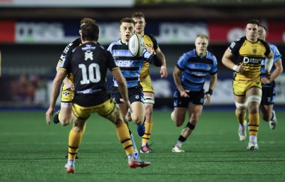 301124 Cardiff Rugby v Dragons RFC, United Rugby Championship - Cam Winnett of Cardiff Rugby looks to take on Rhodri Williams of Dragons