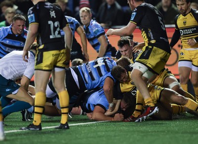 301124 Cardiff Rugby v Dragons RFC, United Rugby Championship -  Alex Mann of Cardiff Rugby borrows over to score try