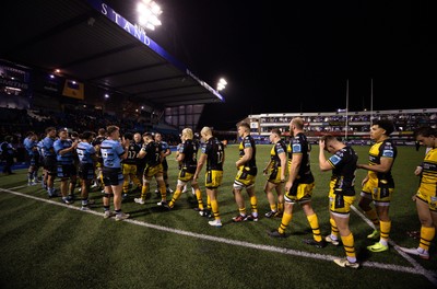 301124 Cardiff Rugby v Dragons RFC, United Rugby Championship - The Dragons are applauded off the pitch by Cardiff Rugby at the end of the match