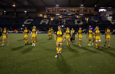 301124 Cardiff Rugby v Dragons RFC, United Rugby Championship - Angus O’Brien of Dragons leads the team over to thank supporters at the end of the match