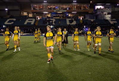 301124 Cardiff Rugby v Dragons RFC, United Rugby Championship - Angus O’Brien of Dragons leads the team over to thank supporters at the end of the match