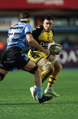 301124 Cardiff Rugby v Dragons RFC, United Rugby Championship - Taine Basham of Dragons takes on Teddy Williams of Cardiff Rugby